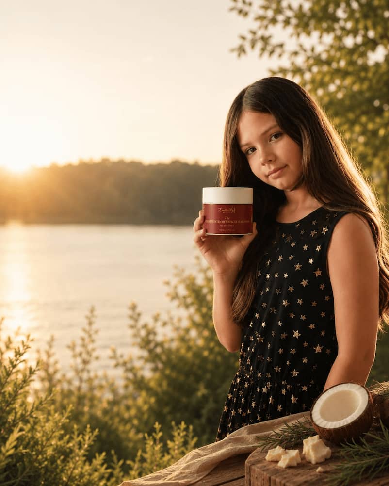 Young girl holding Emilia M Beauty Keratin Intensive Rescue Hair Mask by a lake at sunset