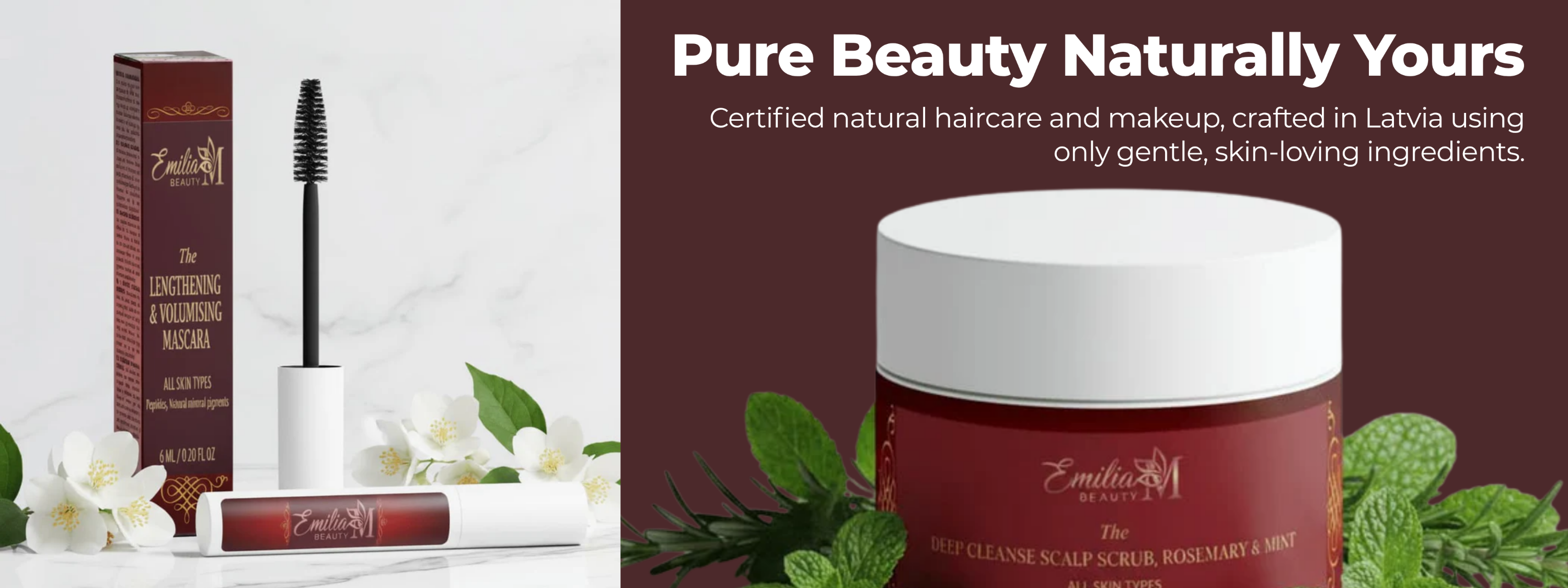 Emilia M Beauty Cosmetic products with greenery on a maroon background, featuring text about natural beauty and ingredients.