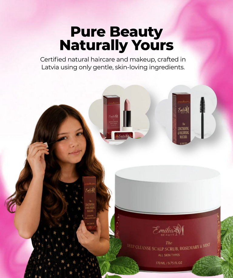Emilia M Beauty Naturals beauty products with a woman holding a product, set against a pink and white background.