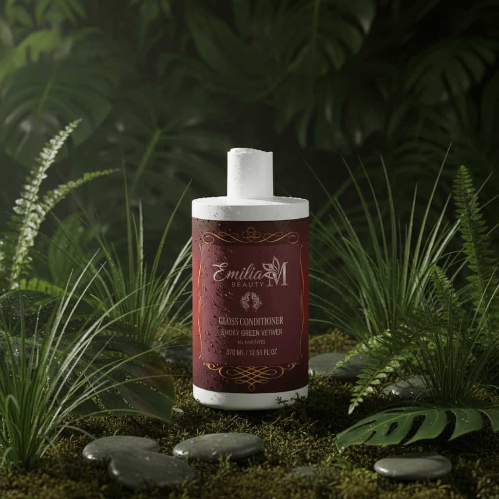 Emilia M Beauty Gloss Conditioner Smoky Green Vetiver 370ml surrounded by tropical green leaves and vetiver grass