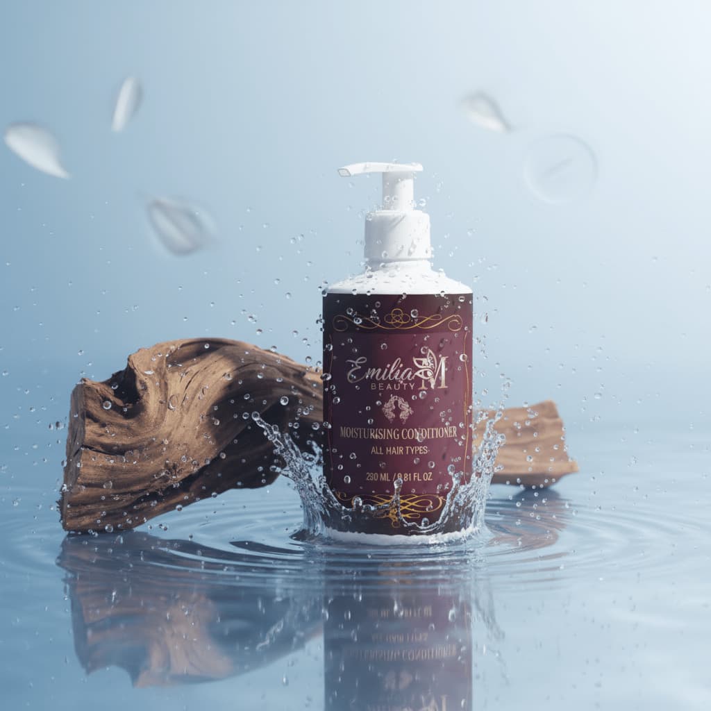 Emilia M Beauty Moisturising Conditioner 290ml with water droplets and blue hydration background, all hair types