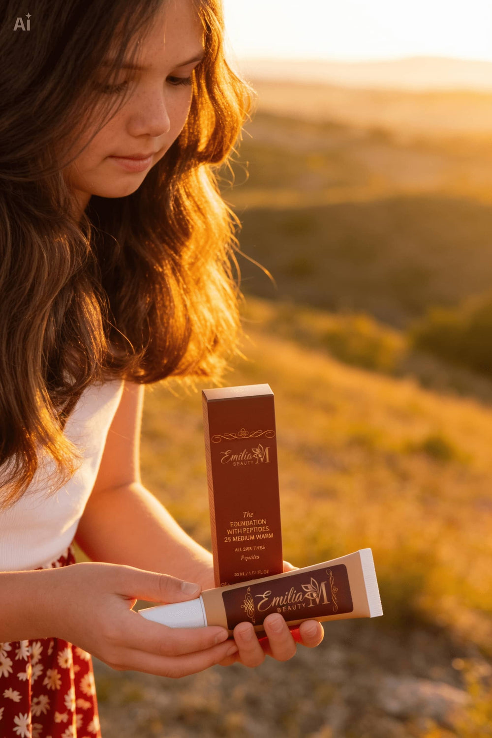 Emilija holding Emilia M Beauty Foundation with Peptides in shade 25 Medium Warm on a golden sunset hillside