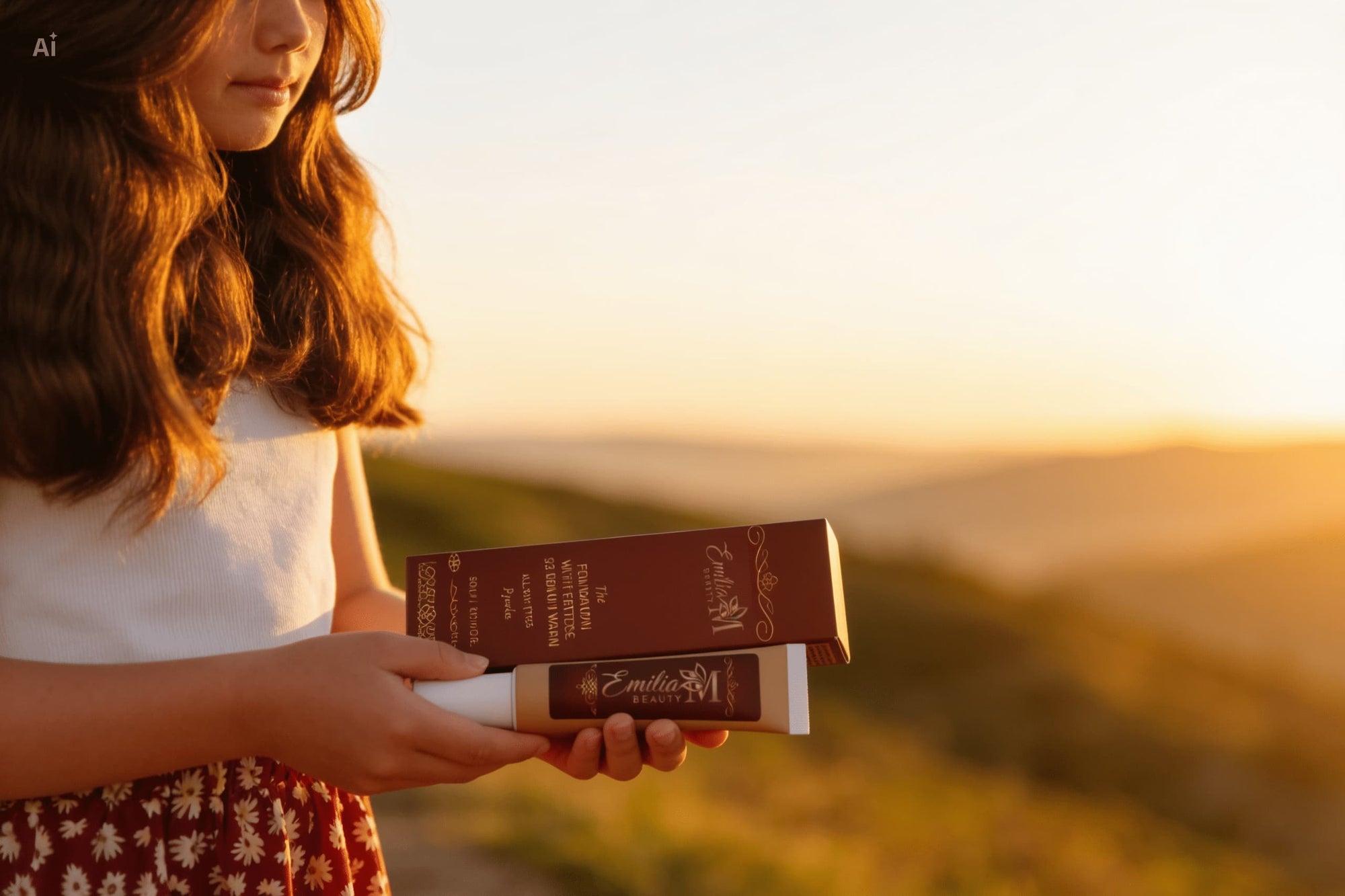 Emilija holding Emilia M Beauty Foundation with Peptides in shade 25 Medium Warm on a golden sunset hillside