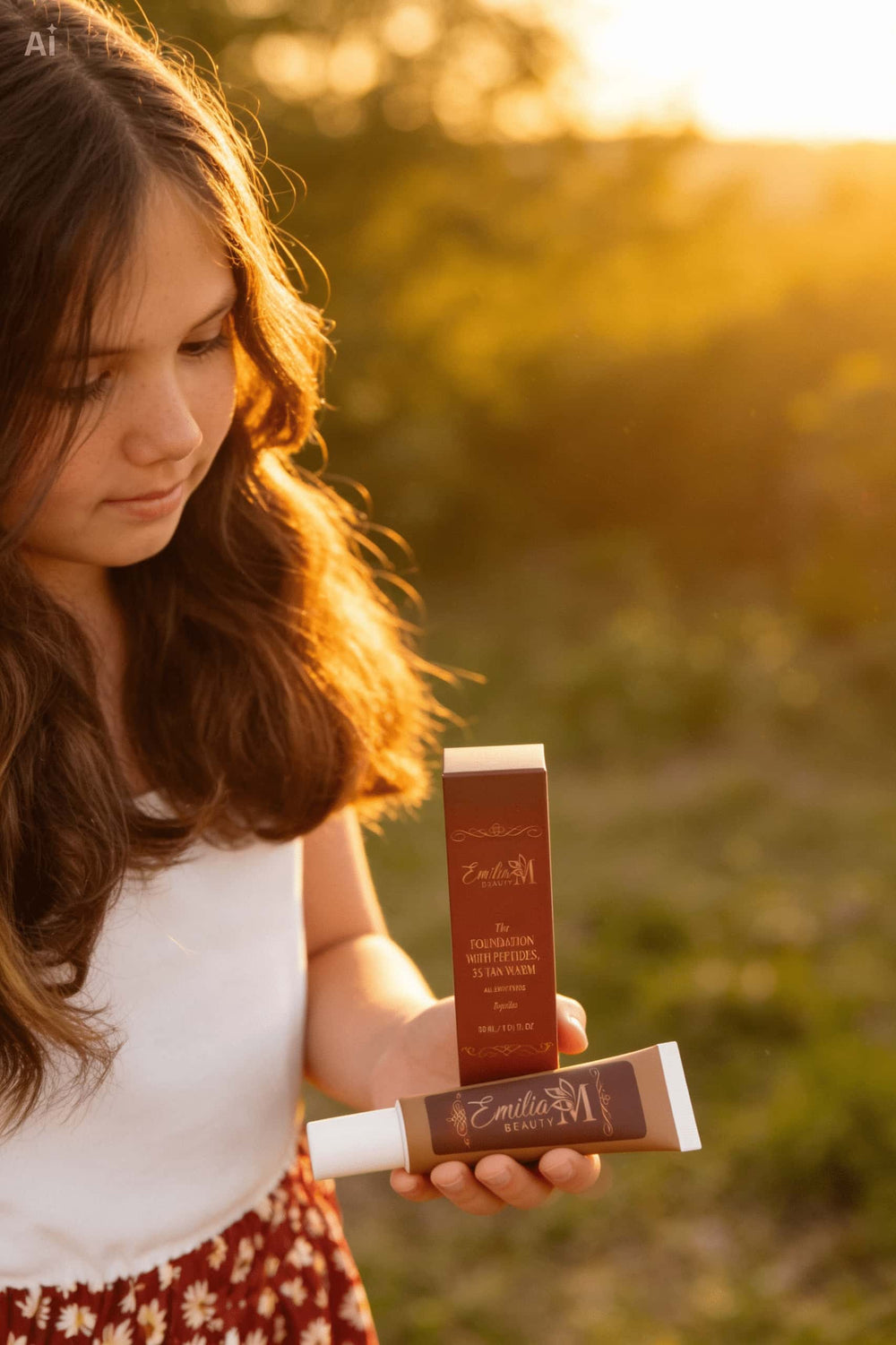 Emilija holding Emilia M Beauty Foundation with Peptides in shade 35 Tan Warm on a golden sunset hillside