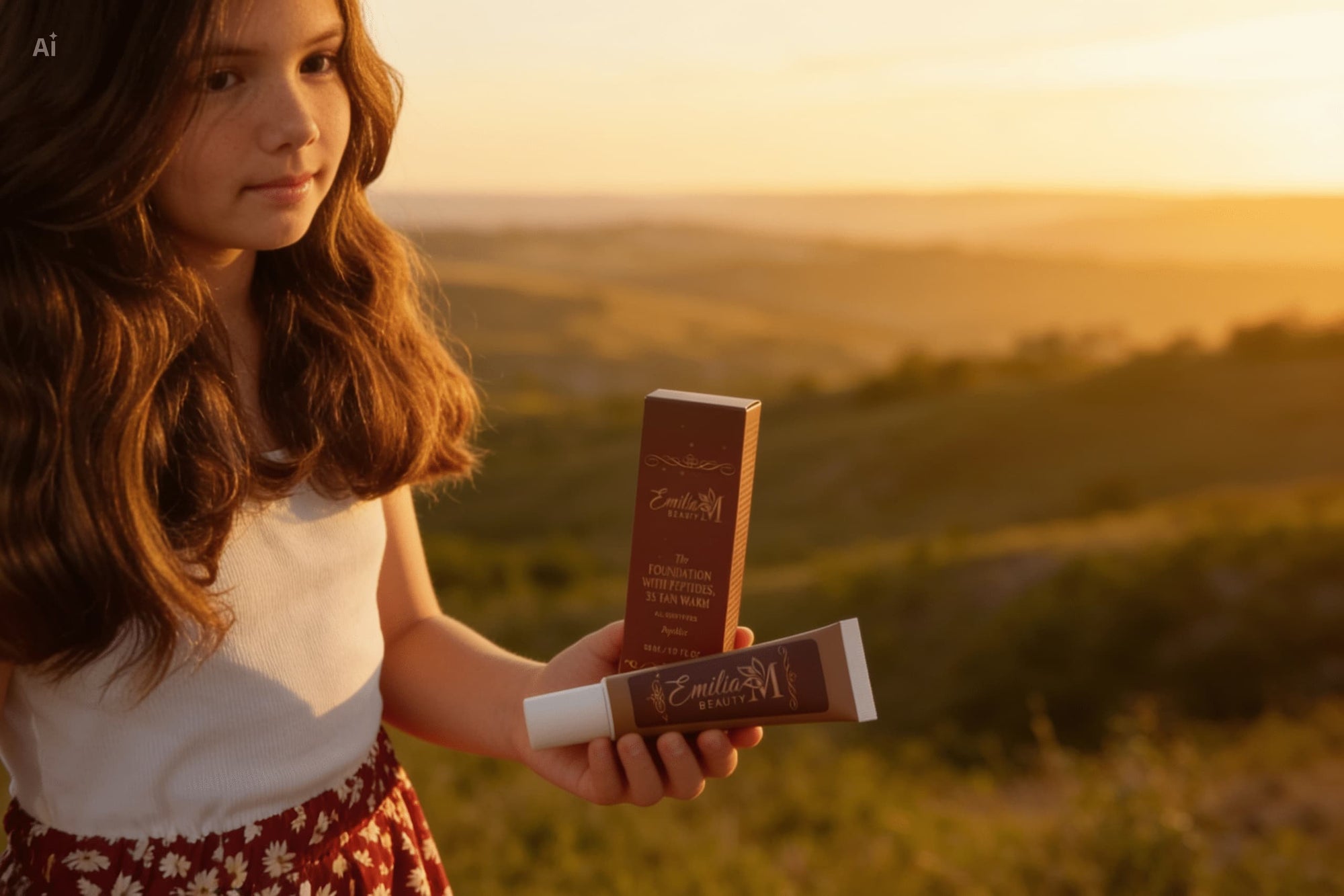 Emilija holding Emilia M Beauty Foundation with Peptides in shade 35 Tan Warm on a golden sunset hillside