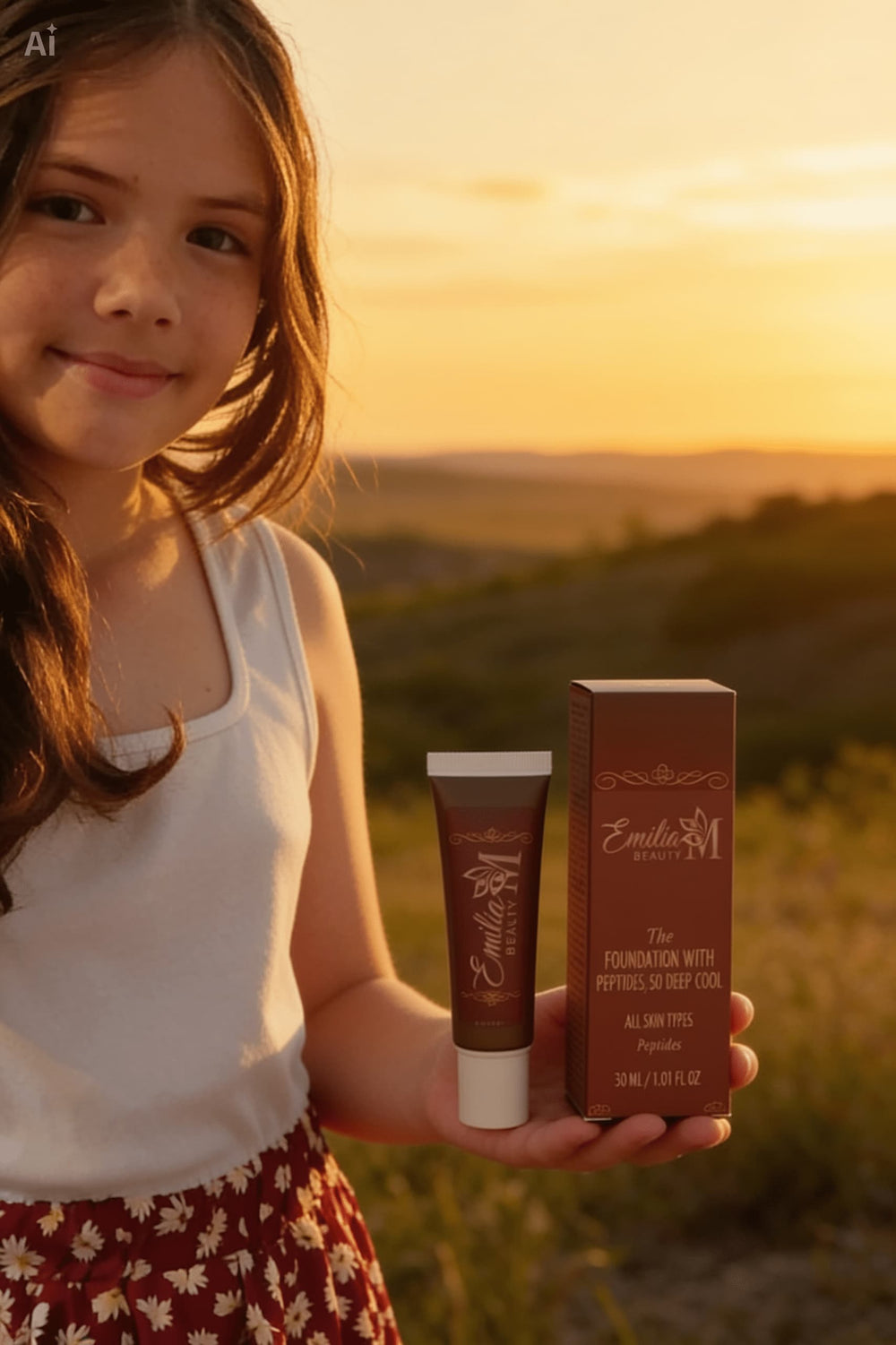 Emilija holding Emilia M Beauty Foundation with Peptides in shade 50 Deep Cool on a golden sunset hillside