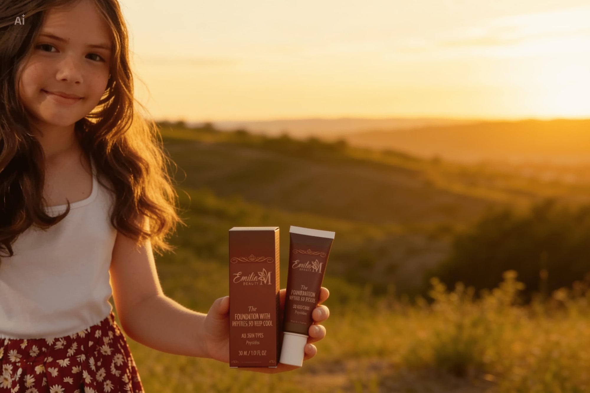 Emilija holding Emilia M Beauty Foundation with Peptides in shade 50 Deep Cool on a golden sunset hillside