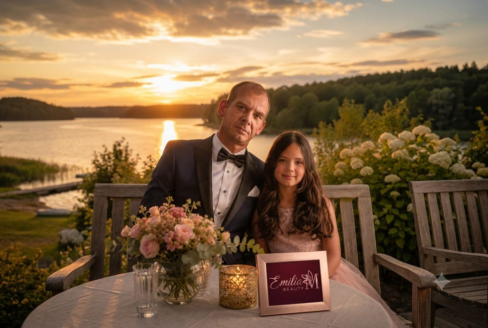 Oskars and Emilija — father and daughter founders of Emilia M Beauty, at an elegant outdoor table with flowers at sunset