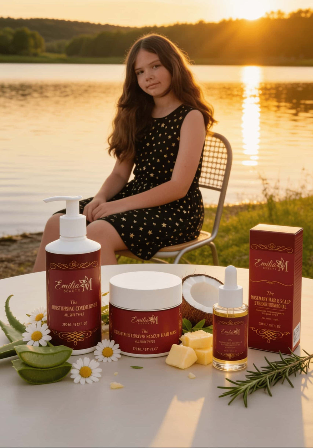 Emilija sitting on a lakeside pier at sunset with Emilia M Beauty natural hair care products including serum, cream and coconut ingredients