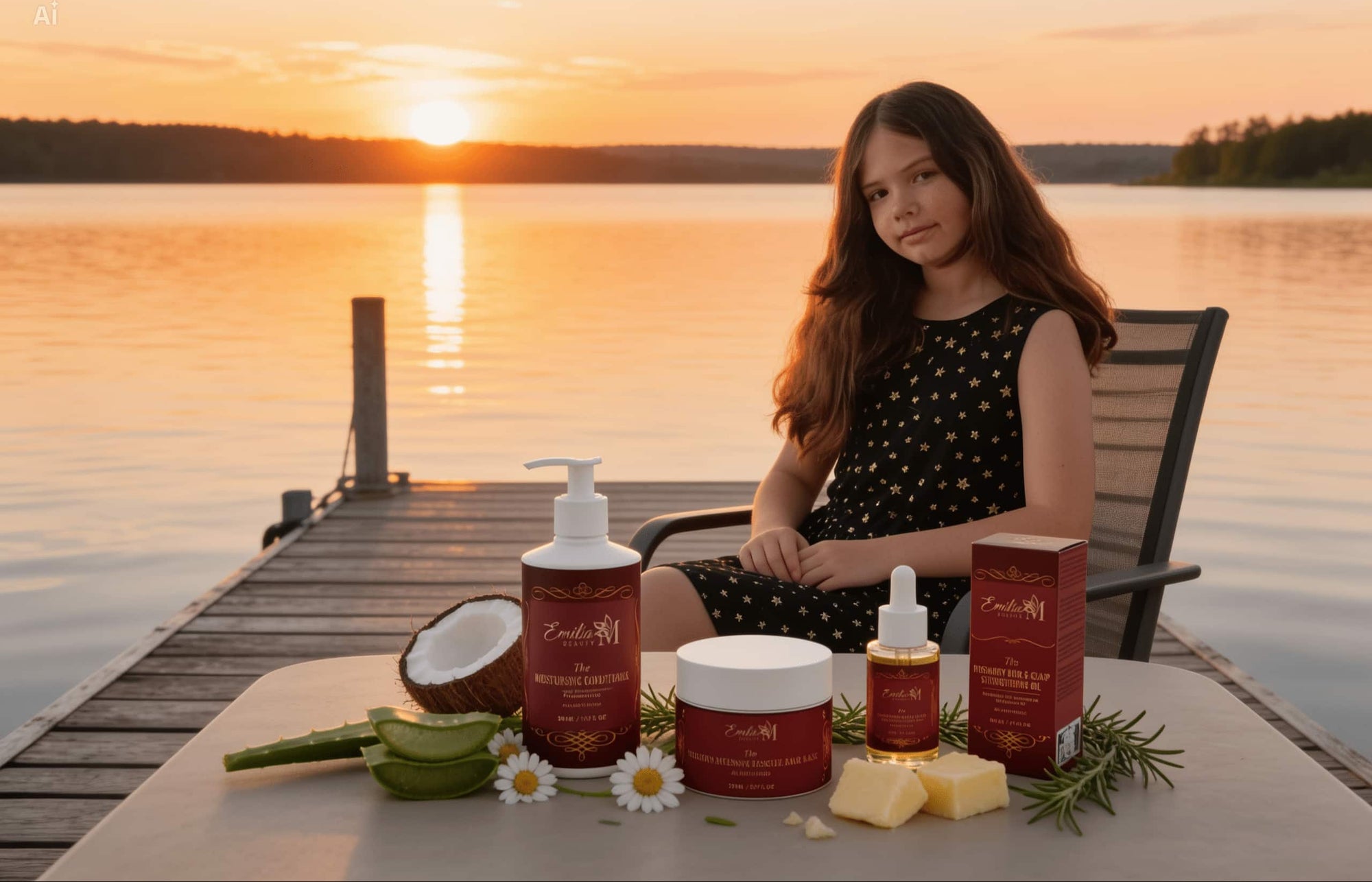 Emilija sitting on a lakeside pier at sunset with Emilia M Beauty natural hair care products including serum, cream and coconut ingredients