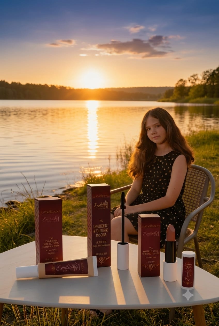 Emilija sitting by the lake at sunset with Emilia M Beauty makeup collection displayed on a table