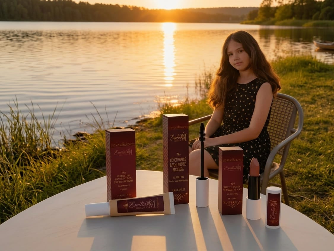 Emilija sitting by the lake at sunset with Emilia M Beauty makeup collection displayed on a table