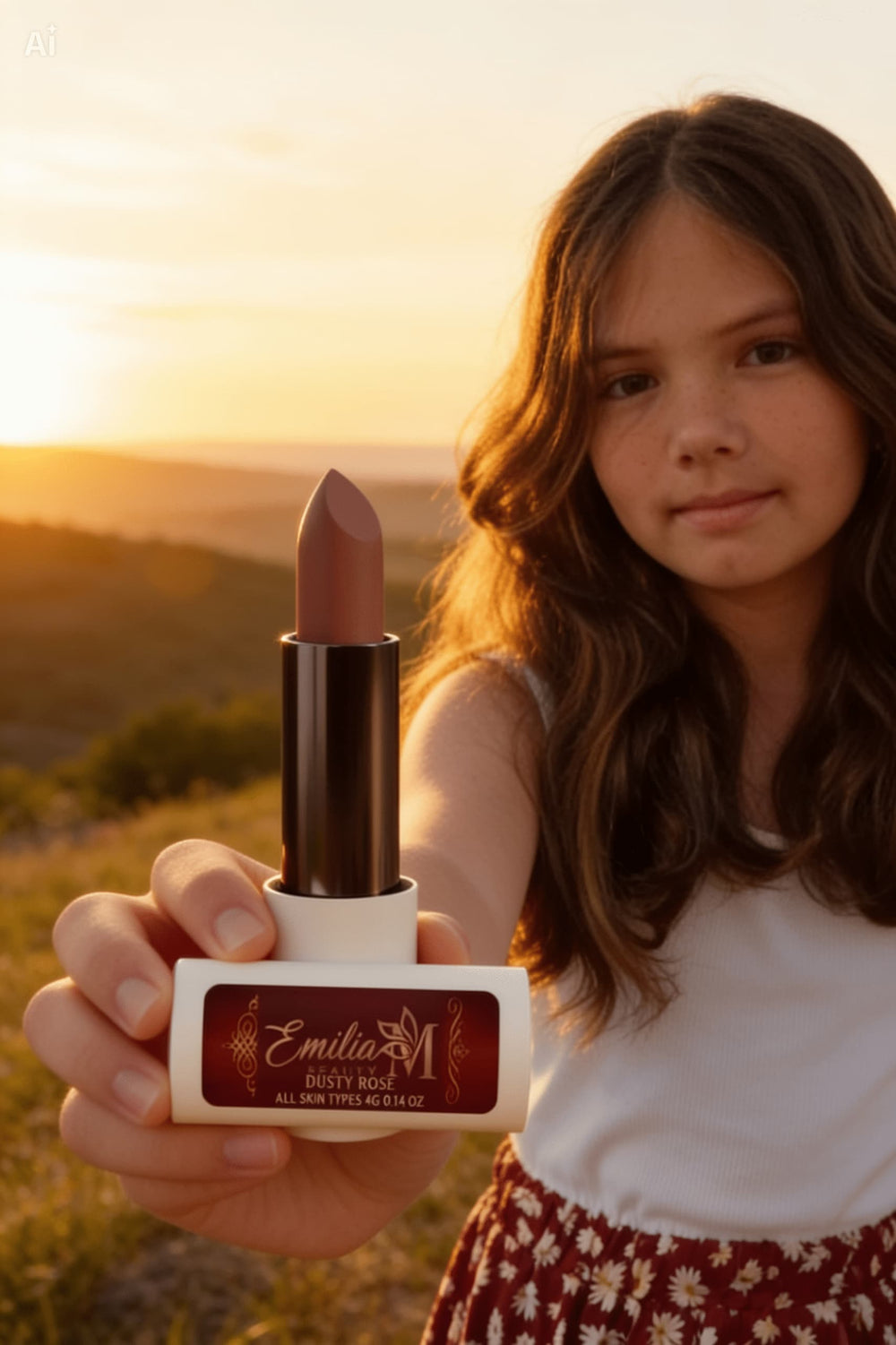 Emilija holding Emilia M Beauty Matte Lipstick in shade Dusty Rose on a golden sunset hillside