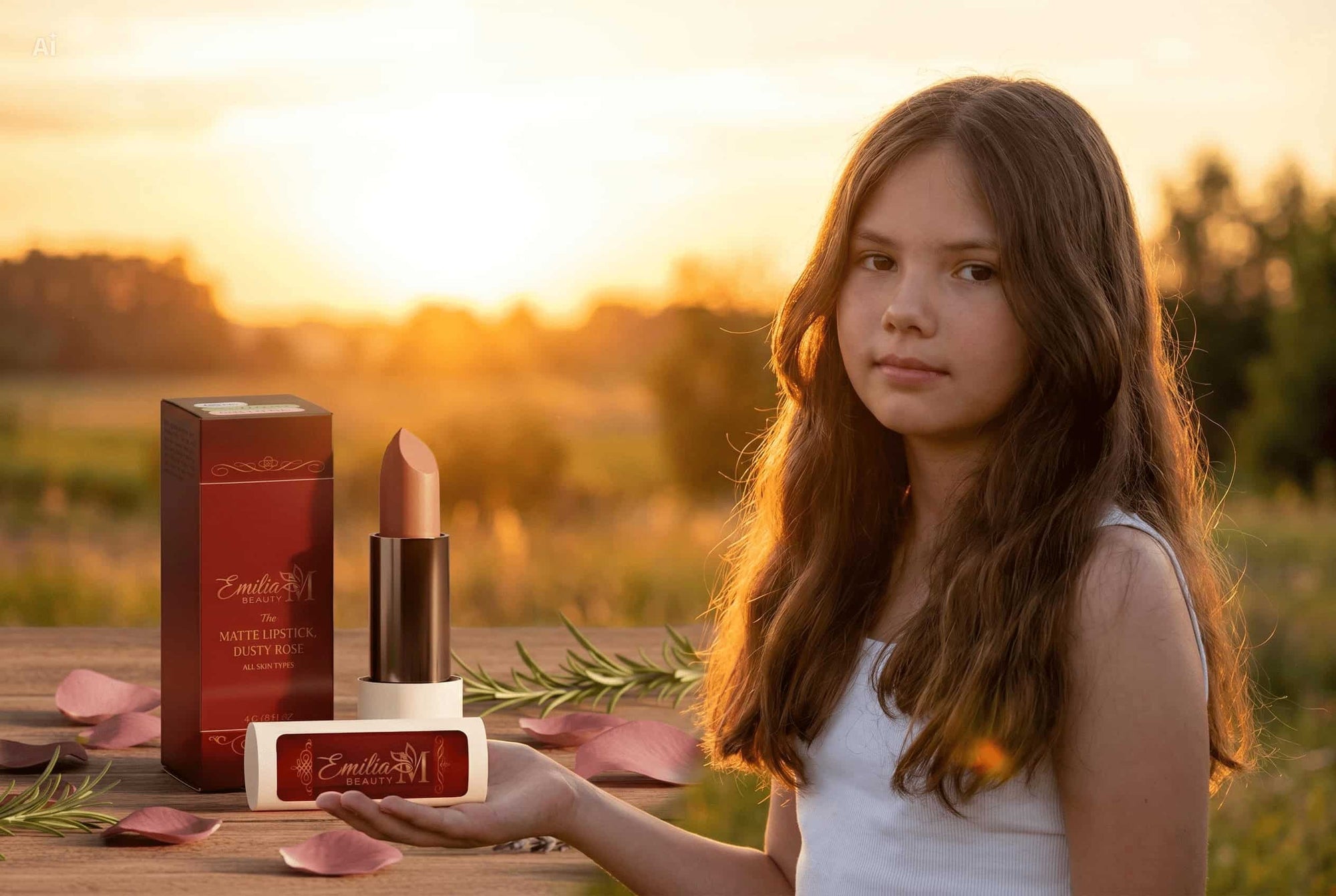 Emilija holding Emilia M Beauty Matte Lipstick in shade Dusty Rose on a golden sunset hillside