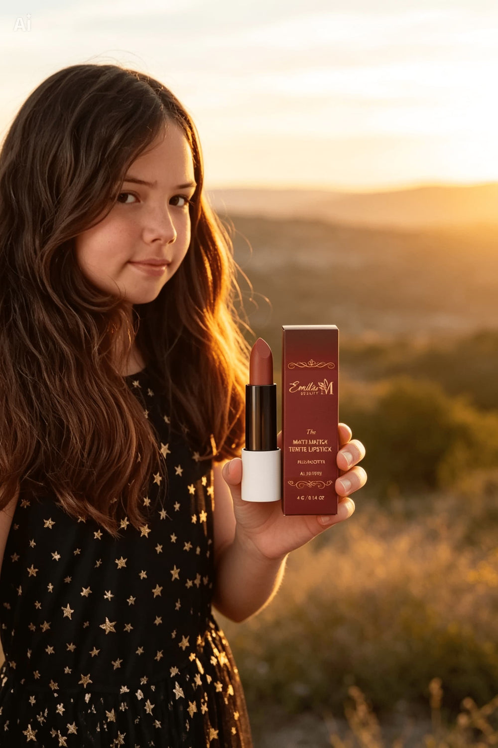 Emilija holding Emilia M Beauty Matte Lipstick in shade Terracotta Nude with packaging on a golden sunset hillside