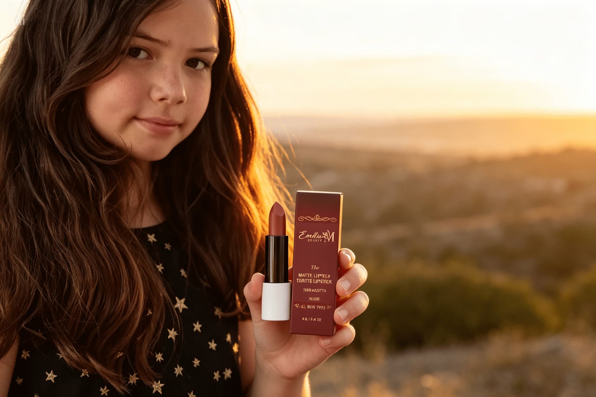 Emilija holding Emilia M Beauty Matte Lipstick in shade Terracotta Nude with packaging on a golden sunset hillside