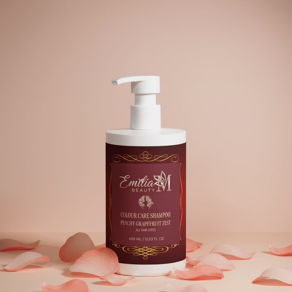 Emilia M Beauty Colour Care Shampoo Peachy Grapefruit Zest 400ml on soft peach-pink background with flower petals