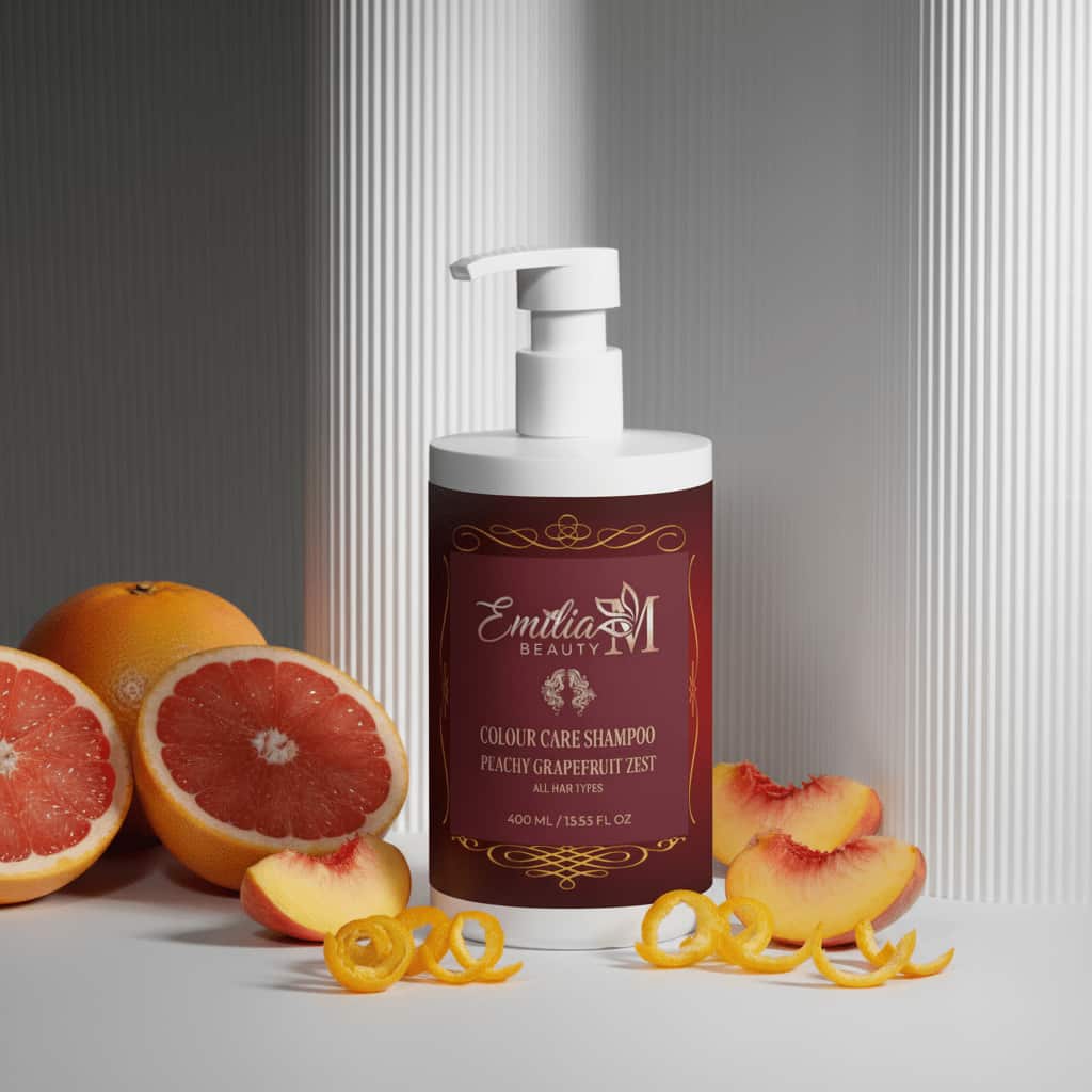 Emilia M Beauty Colour Care Shampoo Peachy Grapefruit Zest 400ml with fresh grapefruit and peach slices, all hair types