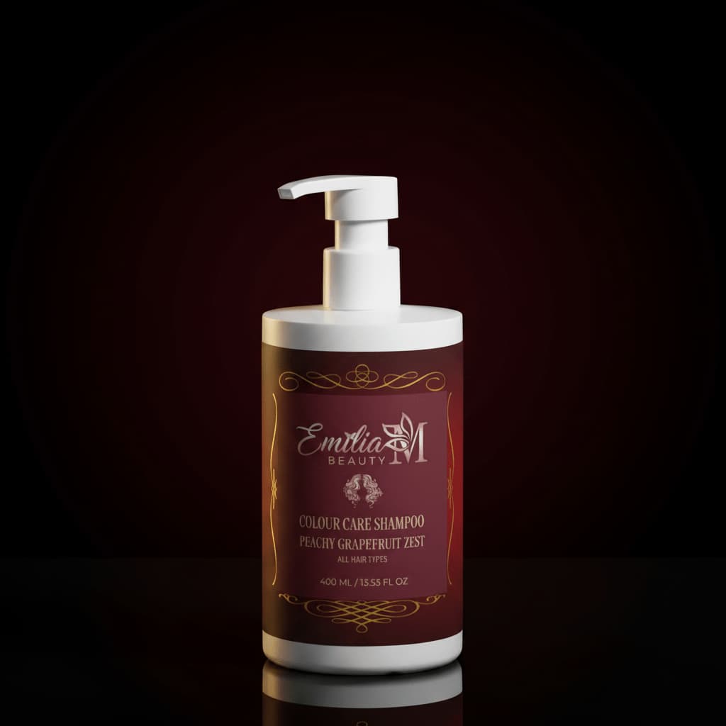 Emilia M Beauty Colour Care Shampoo Peachy Grapefruit Zest 400ml dramatic dark luxury background with gold lighting