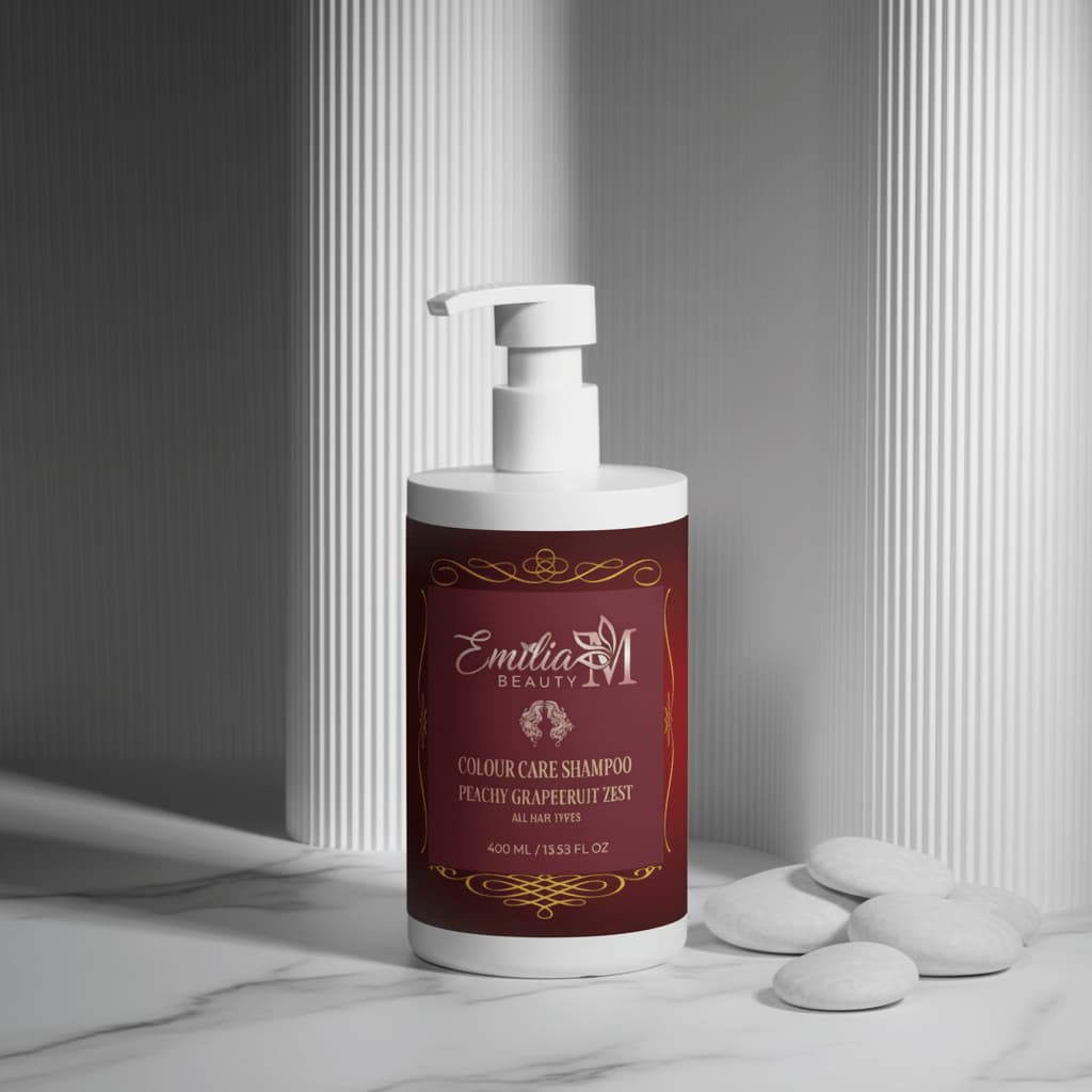 Emilia M Beauty Colour Care Shampoo Peachy Grapefruit Zest 400ml on white marble surface with spa stones
