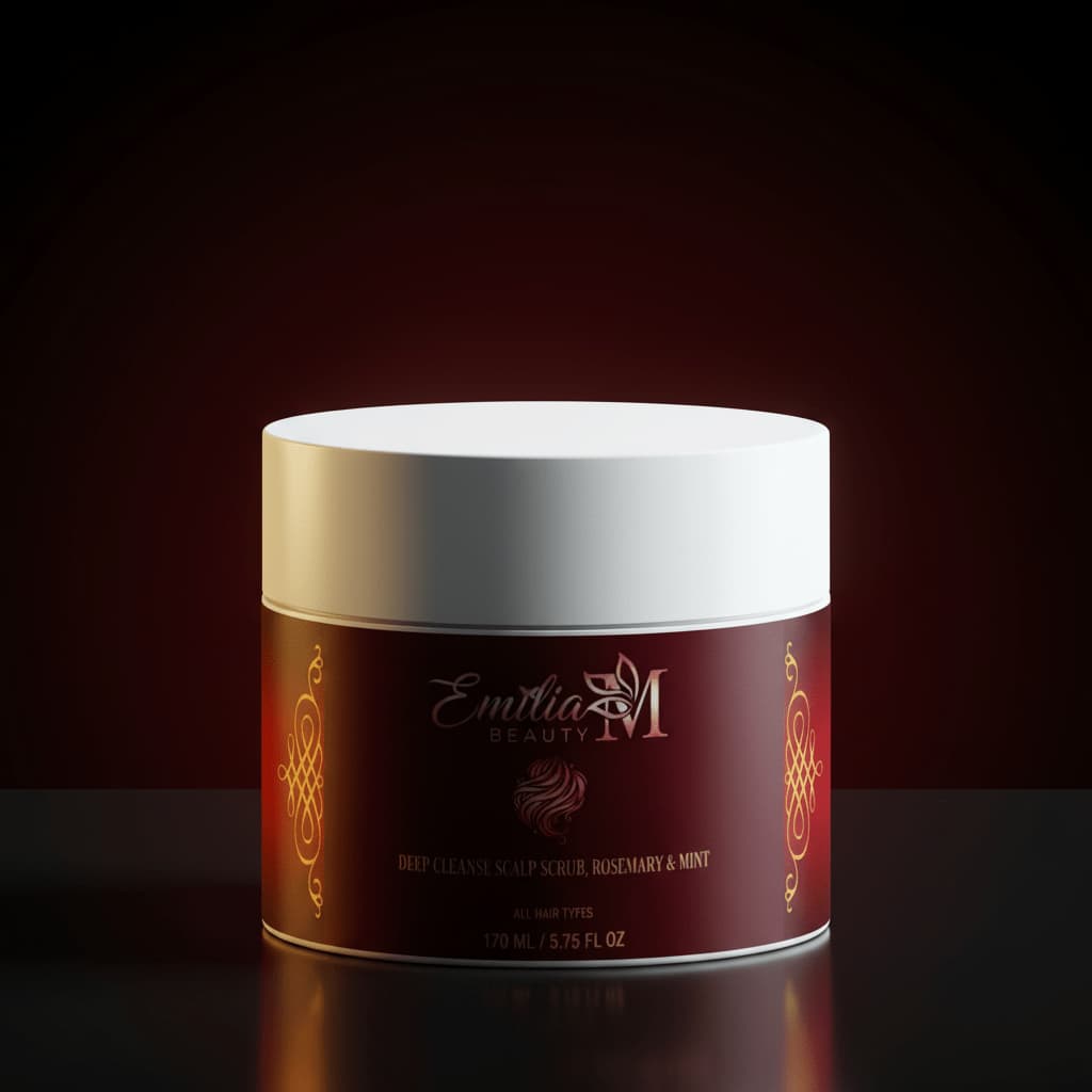 Emilia M Beauty Deep Cleanse Scalp Scrub Rosemary & Mint 170ml dramatic dark luxury background with gold lighting