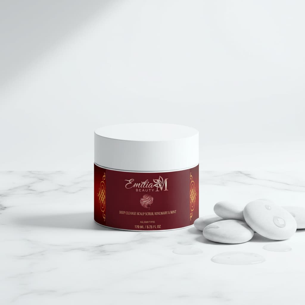 Emilia M Beauty Deep Cleanse Scalp Scrub Rosemary & Mint 170ml on white marble surface with spa stones