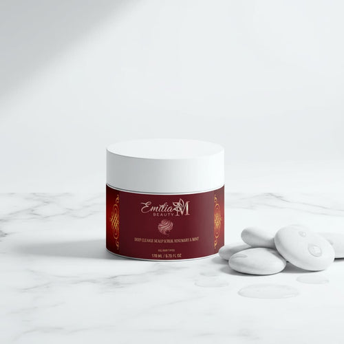 Emilia M Beauty Deep Cleanse Scalp Scrub Rosemary & Mint 170ml on white marble surface with spa stones