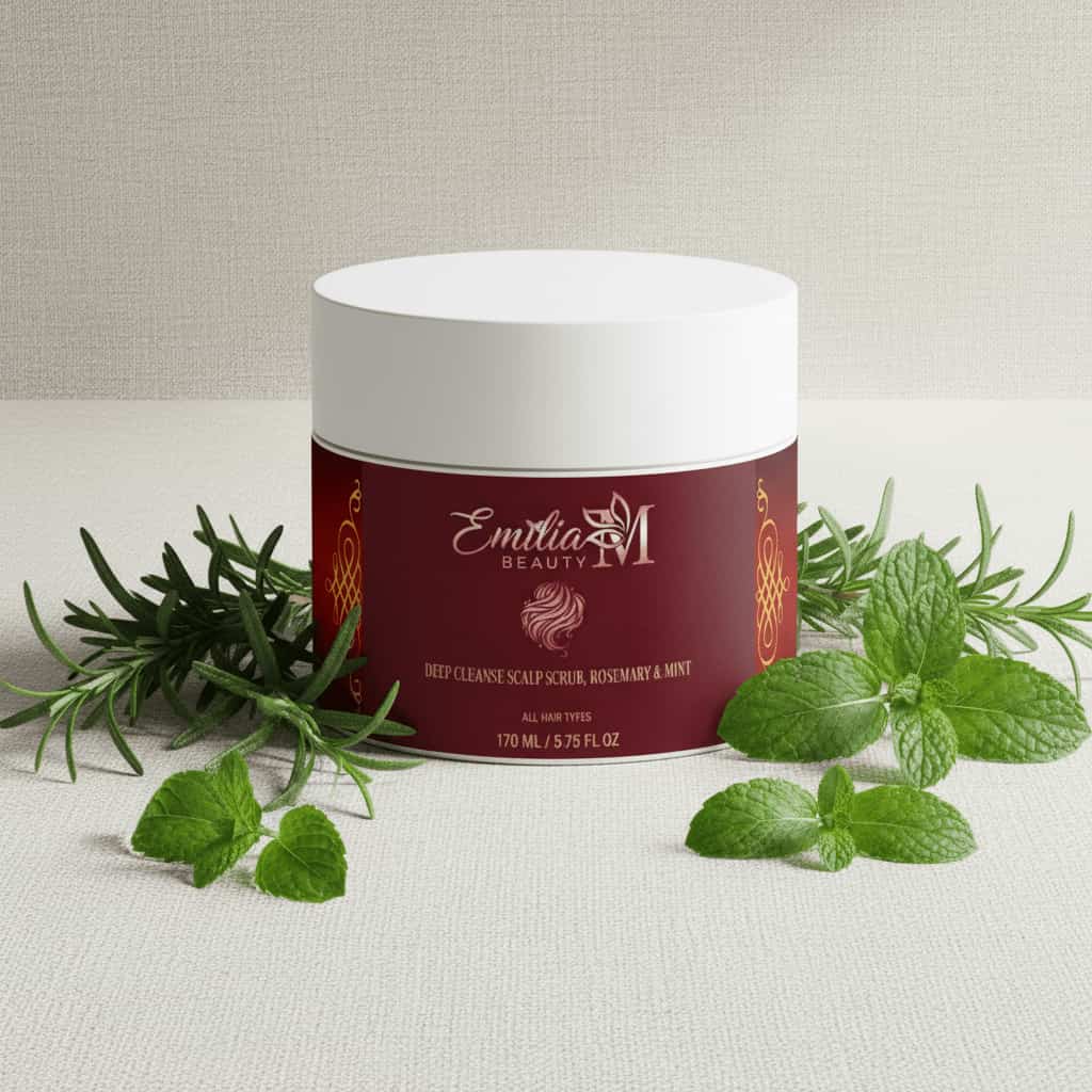 Emilia M Beauty Deep Cleanse Scalp Scrub Rosemary & Mint 170ml with fresh rosemary sprigs and mint leaves
