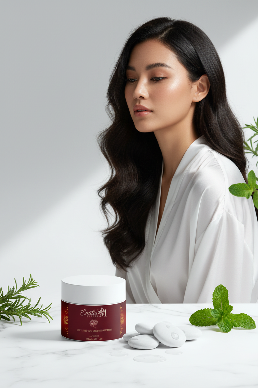 Emilia M Beauty Deep Cleanse Scalp Scrub Rosemary & Mint jar in a fresh spa-inspired botanical setting