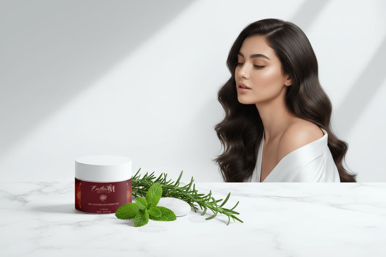 Emilia M Beauty Deep Cleanse Scalp Scrub Rosemary & Mint — white jar on marble surface with fresh rosemary and mint botanical background