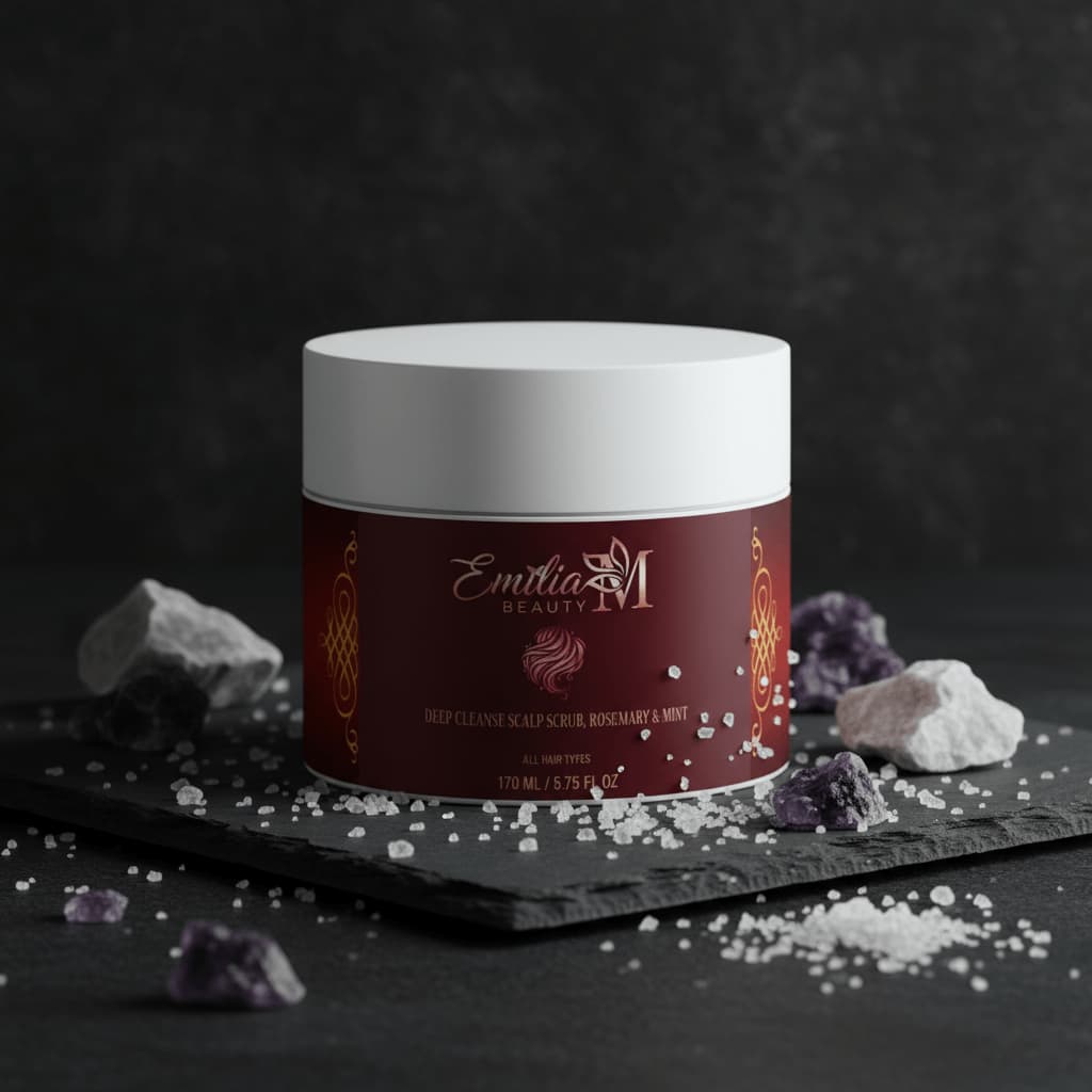 Emilia M Beauty Deep Cleanse Scalp Scrub Rosemary & Mint 170ml with sea salt crystals and mineral stones