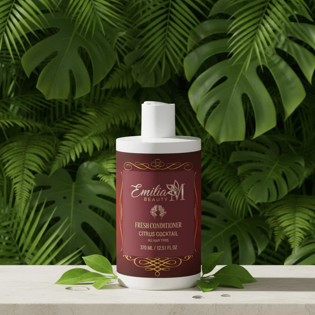 Emilia M Beauty Fresh Conditioner Citrus Cocktail 370ml surrounded by tropical green leaves, fresh botanical setting