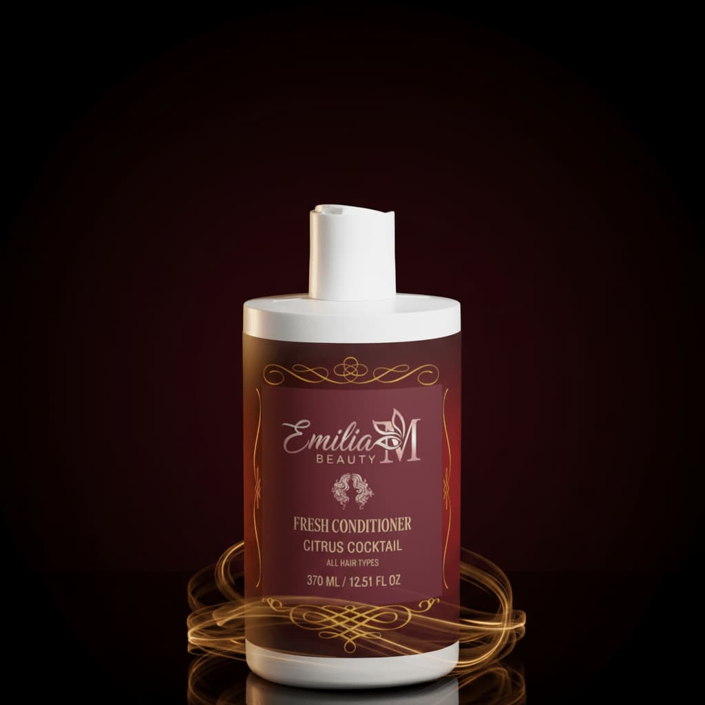 Emilia M Beauty Fresh Conditioner Citrus Cocktail 370ml dramatic dark luxury background with gold lighting