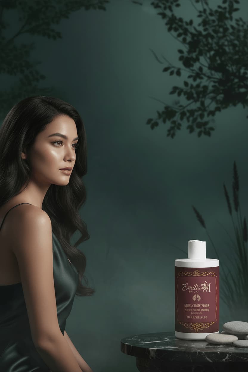 Emilia M Beauty Gloss Conditioner Smoky Green Vetiver bottle in a moody dark green editorial setting