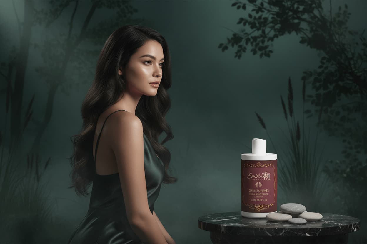 Emilia M Beauty Gloss Conditioner Smoky Green Vetiver — white pump bottle on dark stone surface with smoky green botanical background