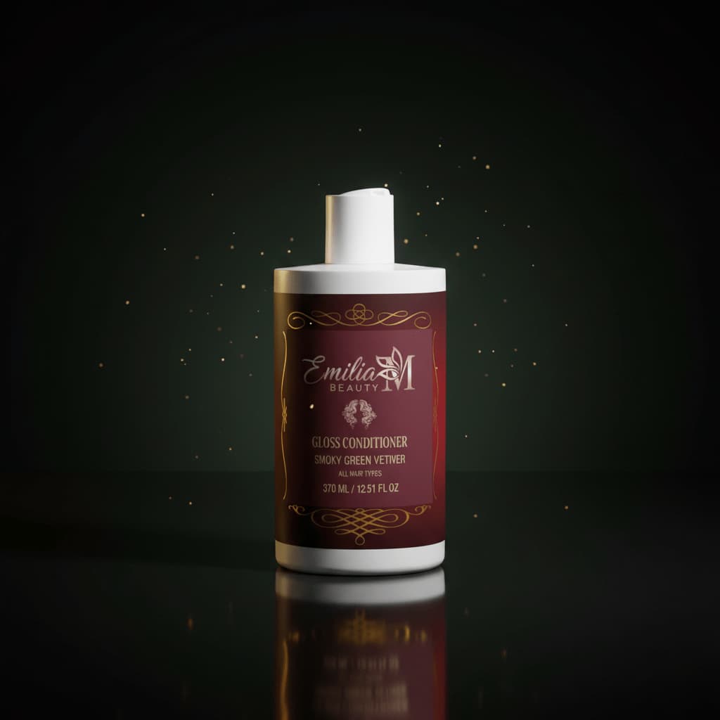 Emilia M Beauty Gloss Conditioner Smoky Green Vetiver dramatic dark luxury background with gold lighting, 370ml