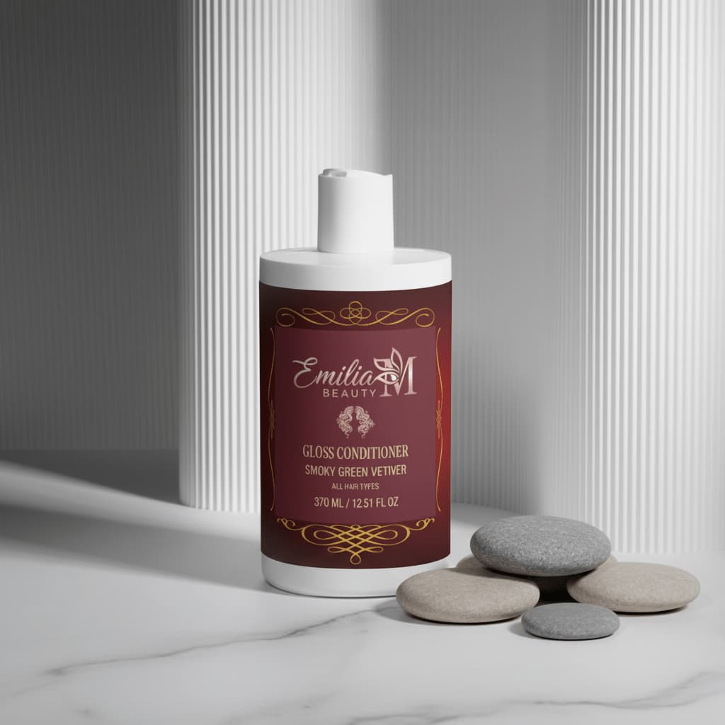 Emilia M Beauty Gloss Conditioner Smoky Green Vetiver on white marble surface with spa stones, 370ml
