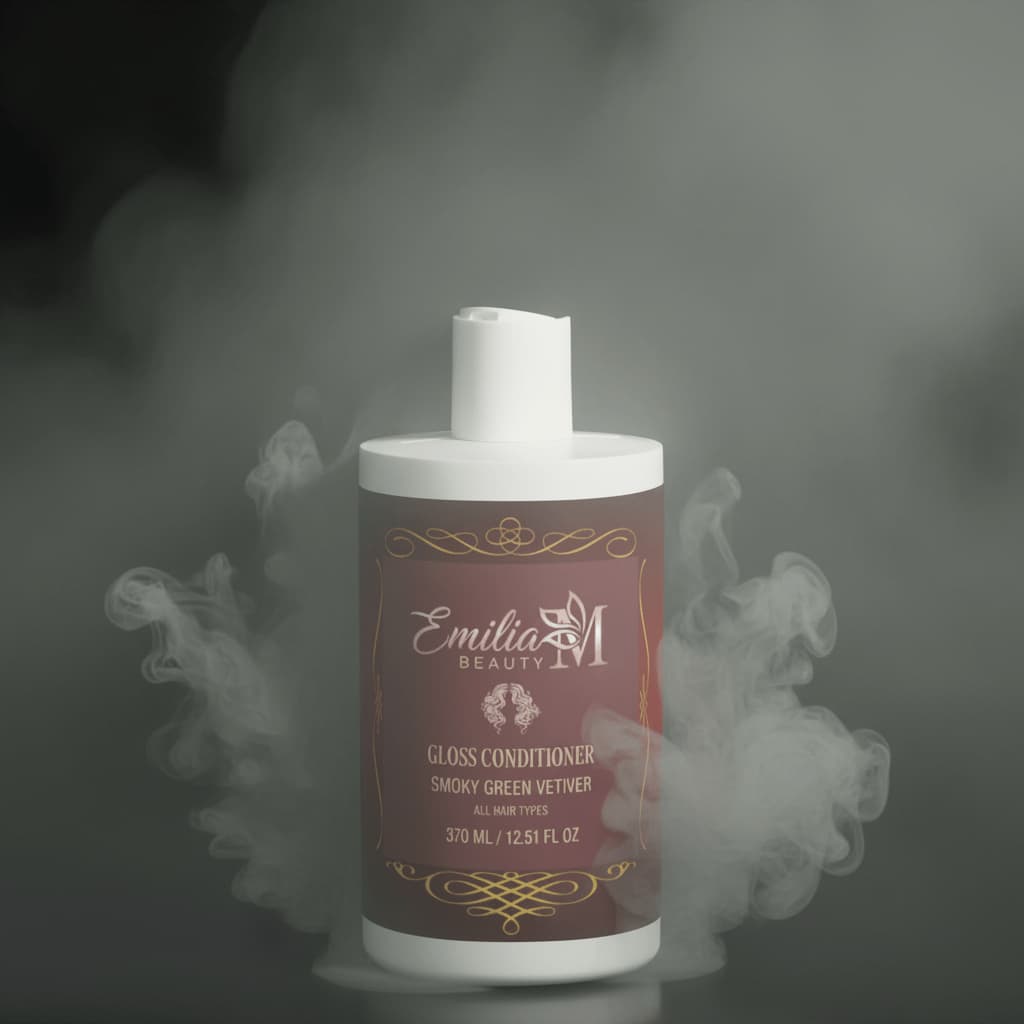Emilia M Beauty Gloss Conditioner Smoky Green Vetiver with smoky misty atmospheric background, 370ml pump bottle