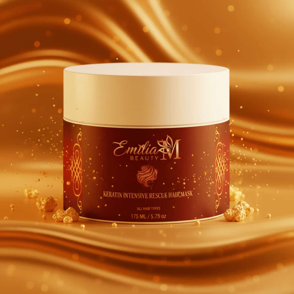 Emilia M Beauty Keratin Intensive Rescue Hair Mask 175ml with warm golden background, premium keratin ingredients