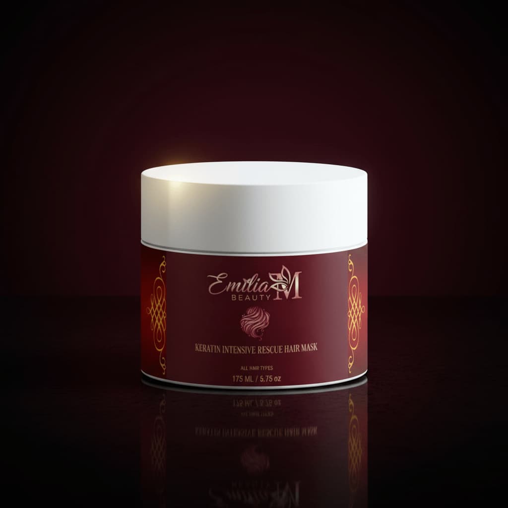 Emilia M Beauty Keratin Intensive Rescue Hair Mask 175ml dramatic dark luxury background with gold lighting