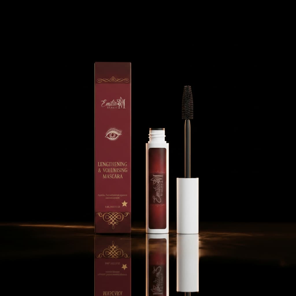 Emilia M Beauty Lengthening & Volumising Mascara 6ml on black background with gold lighting, glamorous eye makeup