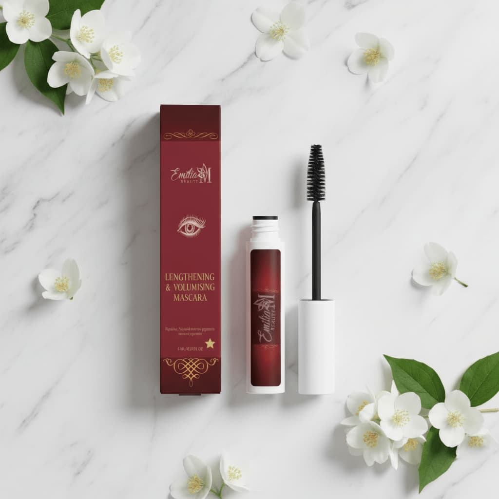 Emilia M Beauty Lengthening & Volumising Mascara 6ml with box and wand on white marble with jasmine flowers