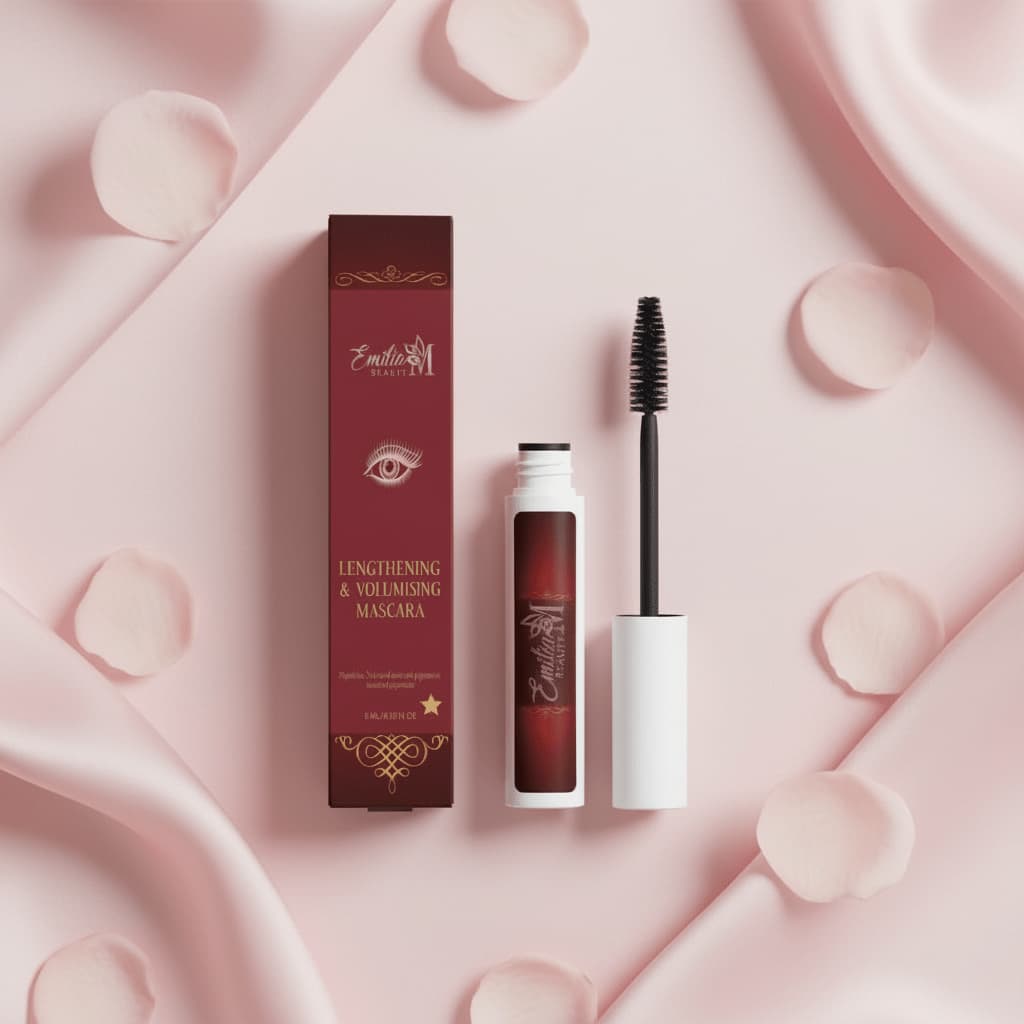 Emilia M Beauty Lengthening & Volumising Mascara 6ml on blush pink silk with rose petals, feminine luxury