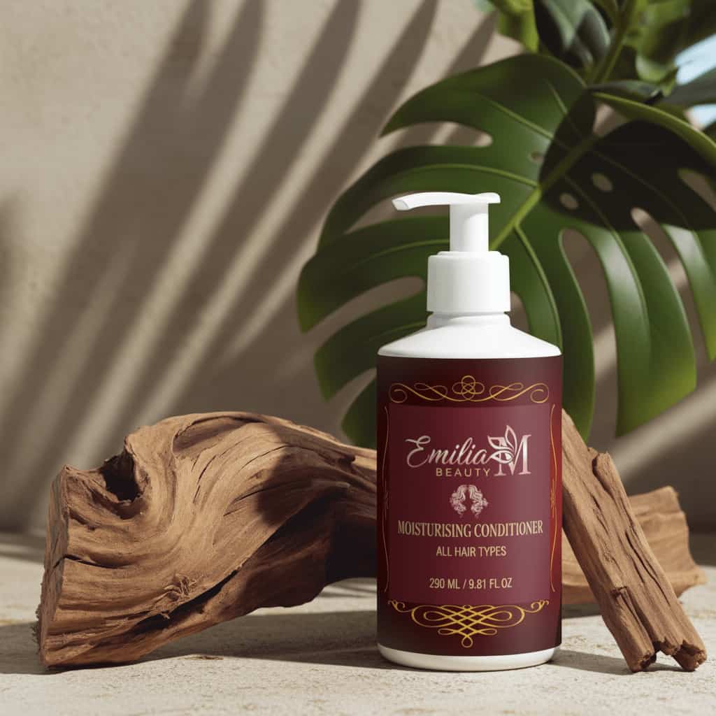 Emilia M Beauty Moisturising Conditioner 290ml beside natural driftwood and tropical green leaves, all hair types