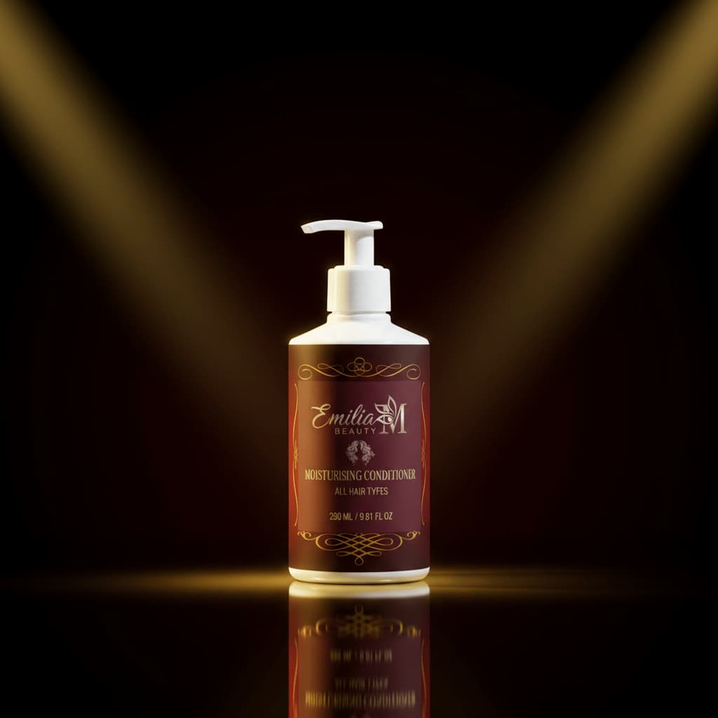 Emilia M Beauty Moisturising Conditioner 290ml dramatic dark luxury background with gold lighting