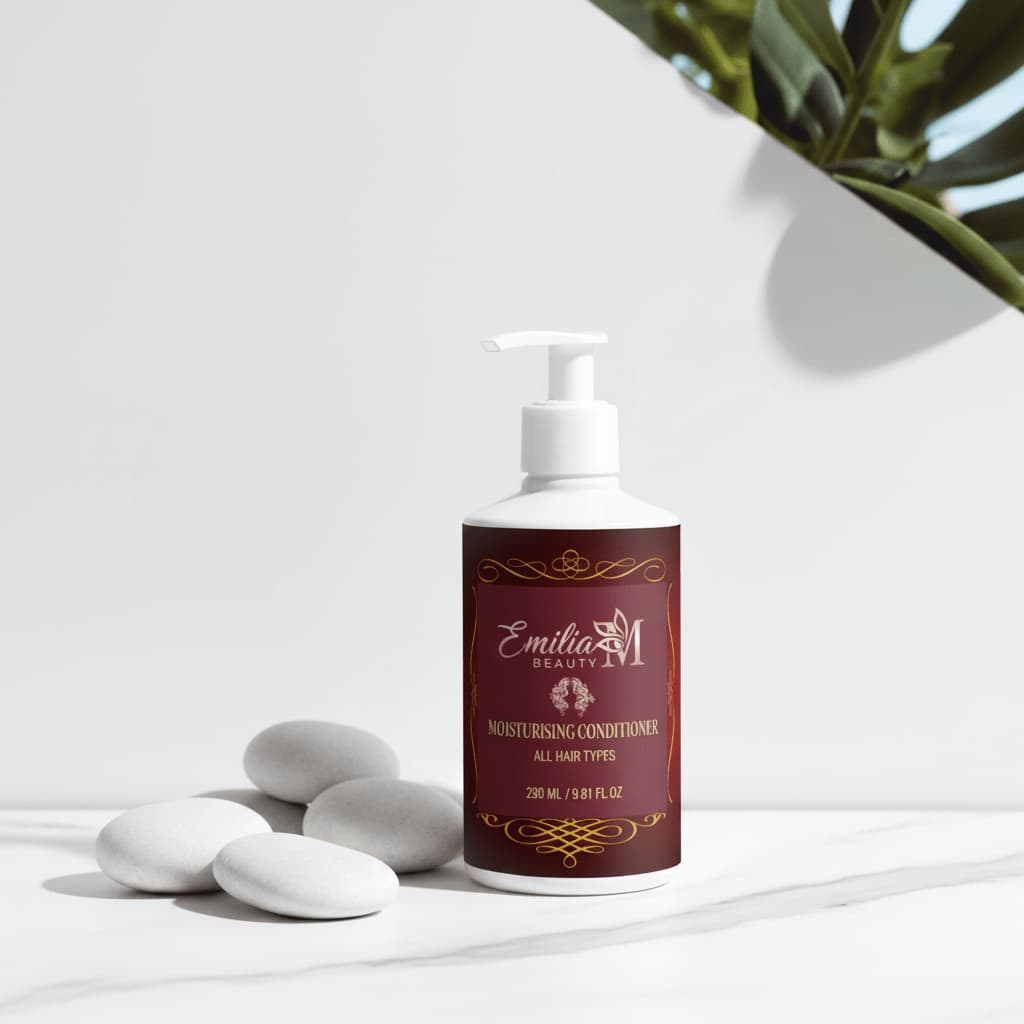 Emilia M Beauty Moisturising Conditioner 290ml on white marble surface with spa stones, premium hair care