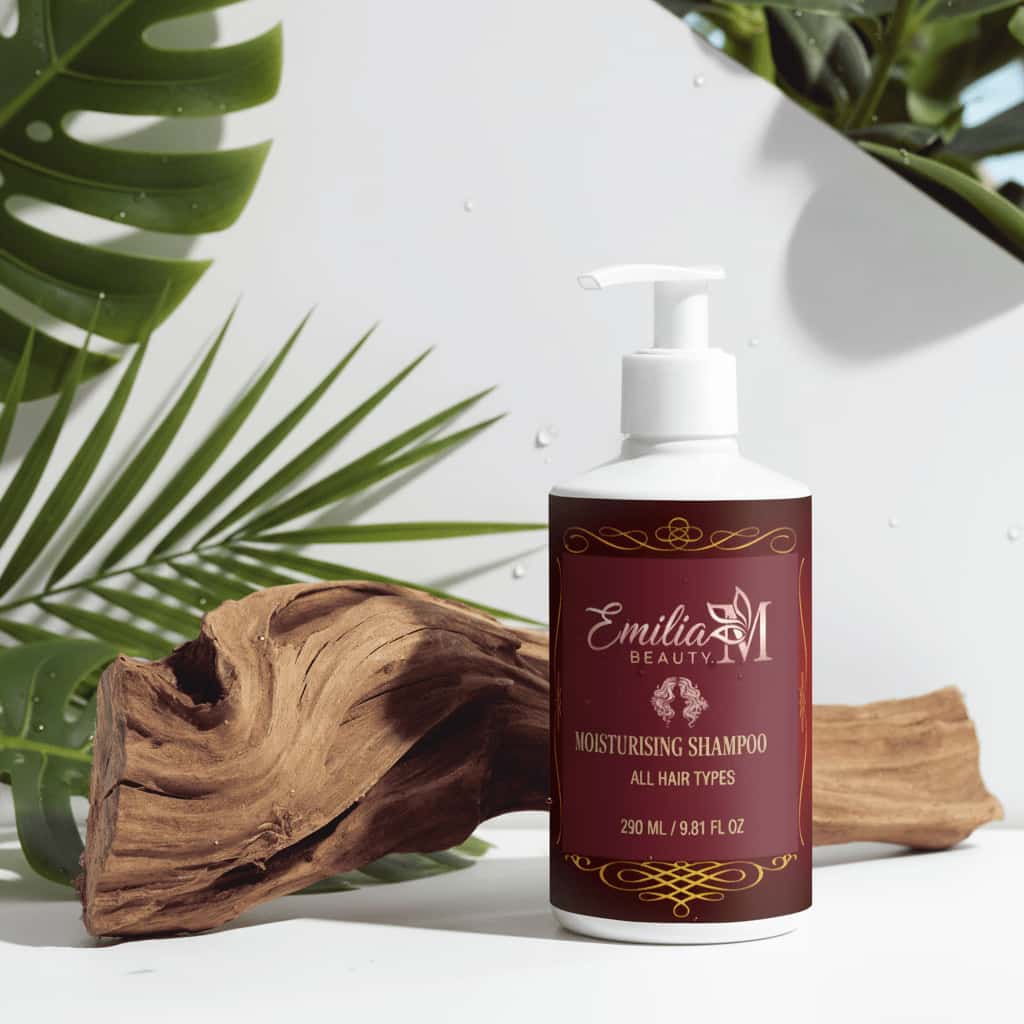 Emilia M Beauty Moisturising Shampoo 290ml beside natural driftwood and tropical green leaves