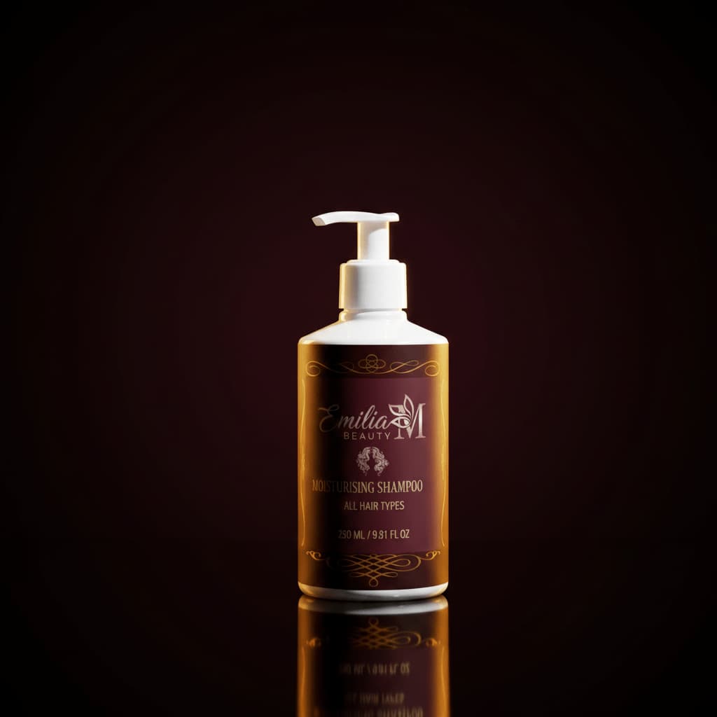 Emilia M Beauty Moisturising Shampoo 290ml dramatic dark luxury background with gold lighting
