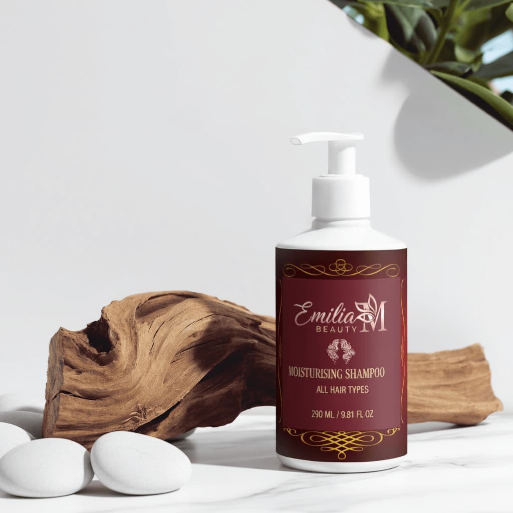 Emilia M Beauty Moisturising Shampoo 290ml on white marble surface with spa stones, premium hair care