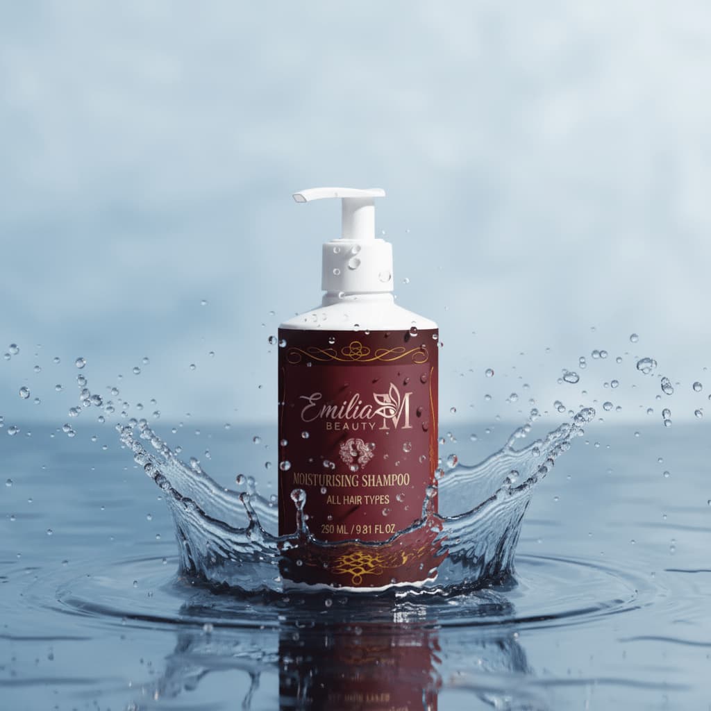Emilia M Beauty Moisturising Shampoo 290ml with water droplets and blue hydration background, all hair types